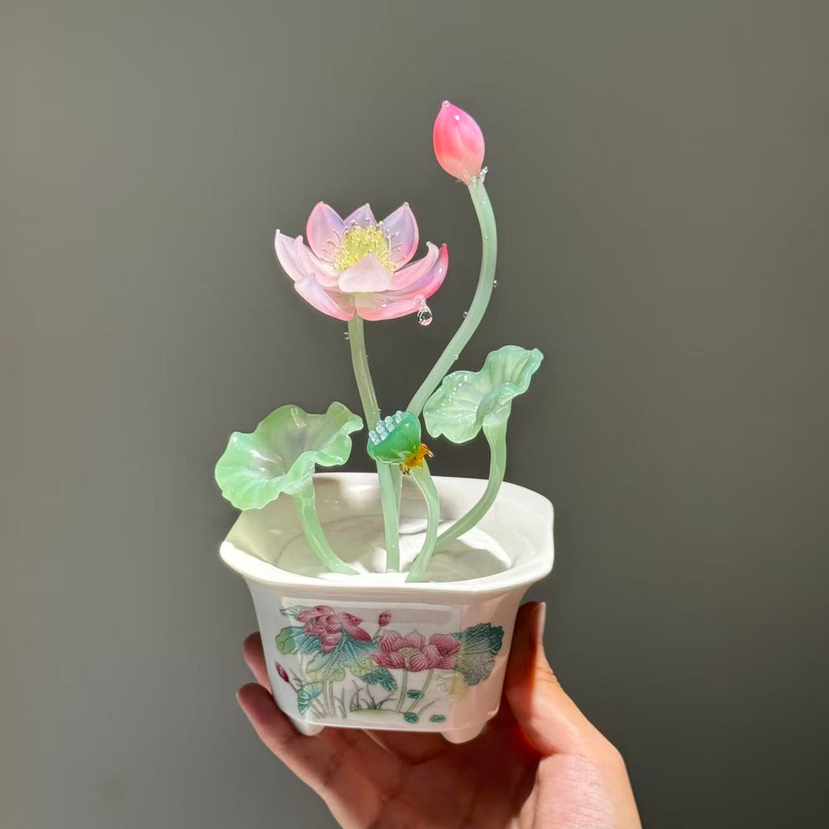 Pink Lotus Glass Arrangement with Planter