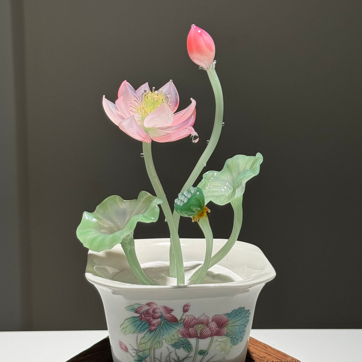 Pink Lotus Glass Arrangement with Planter